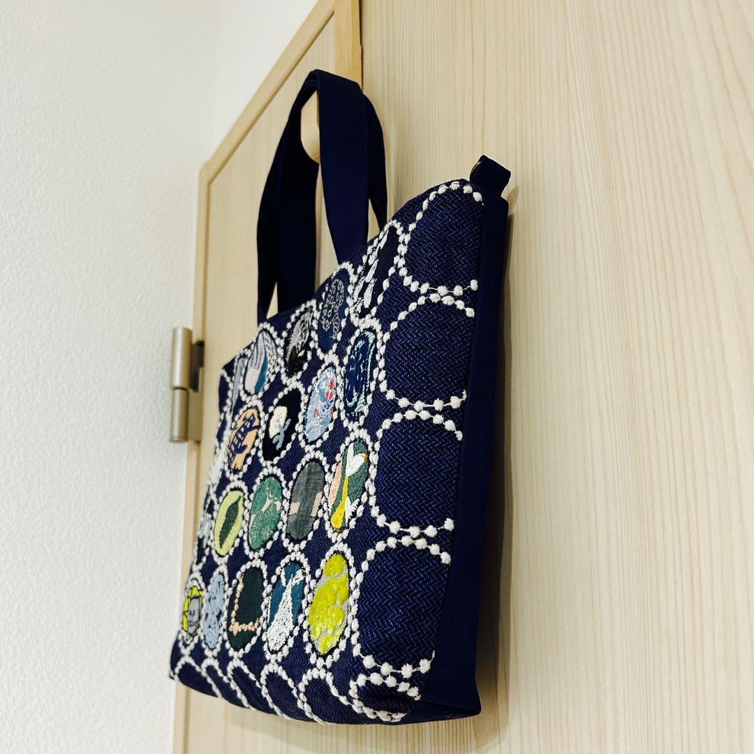 ハンドメイド　トートバッグ　ミナペルホネン　タンバリンネイビー+アップリケ