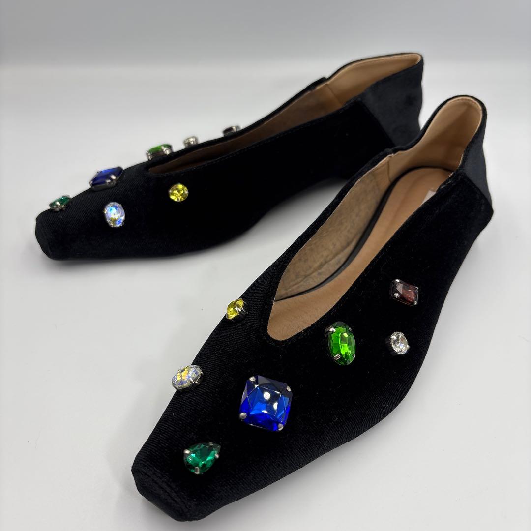 AMERI アメリヴィンテージ　ビジュー　フラットシューズ　ベロア　黒　完売品