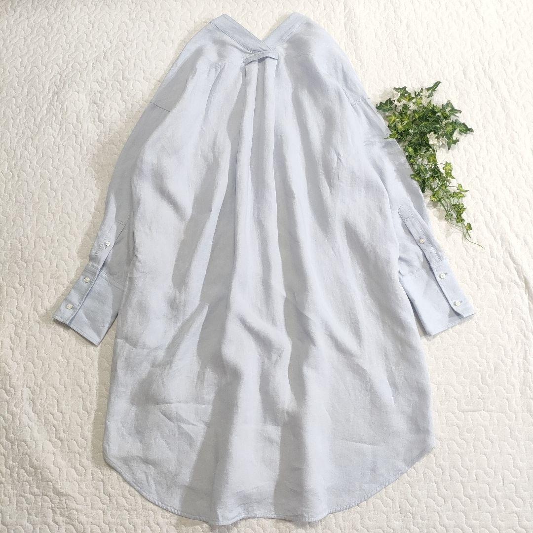 美品✨マディソンブルー　リネン100％オープンネックロングシャツ　ライトブルー