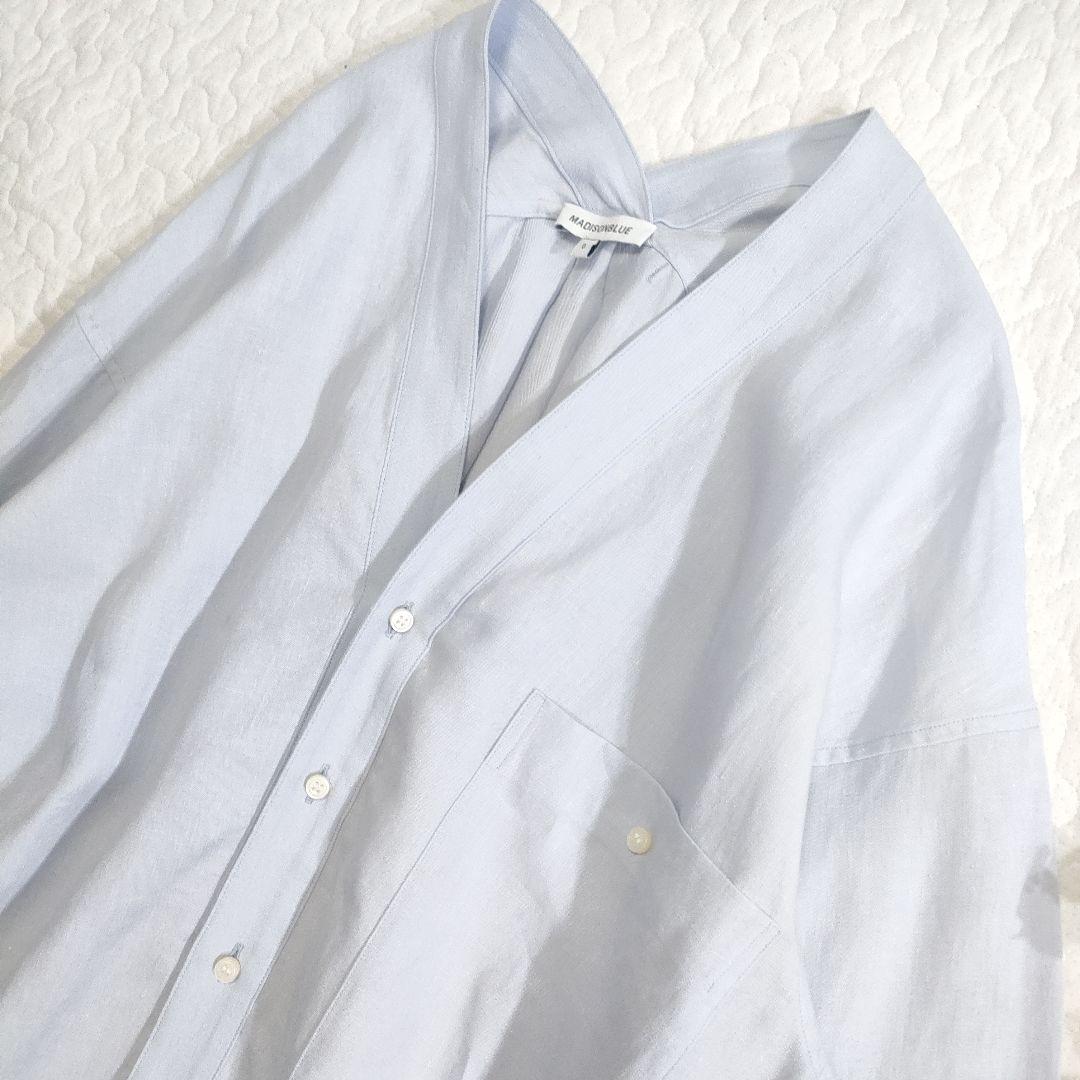 美品✨マディソンブルー　リネン100％オープンネックロングシャツ　ライトブルー