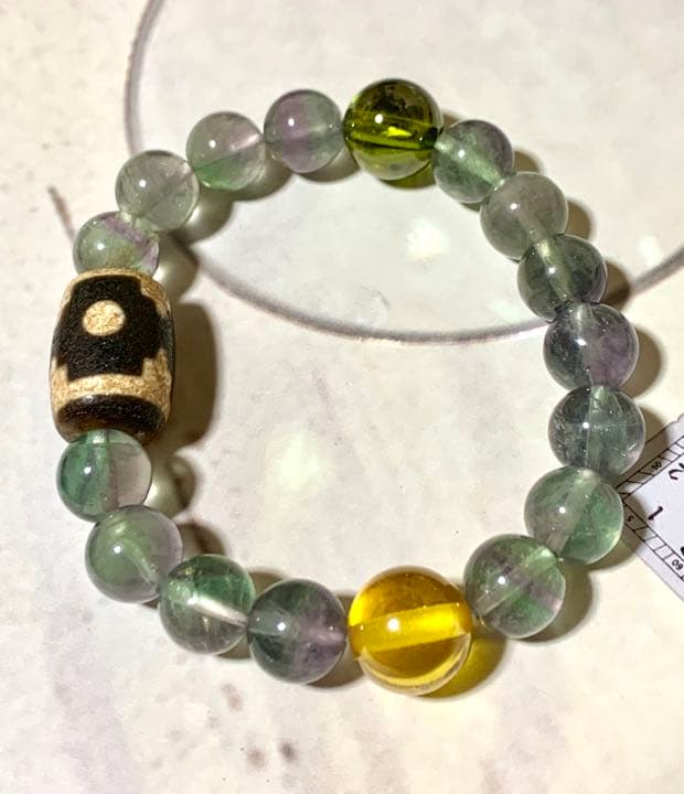 イエロー、グリーン龍王眼　曼荼羅天珠ブレスレット　No.11 フローライト