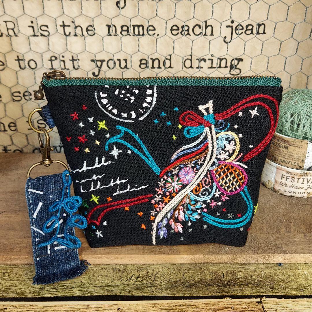 【ぽこぽん】刺繍デニムバックNo.633　刺繍ポーチNo.183
