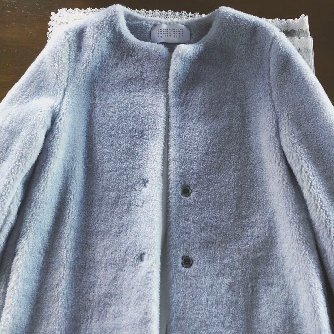 美品　ハリスワーフロンドン　レディース　ノーカラー　コート　アウター　水色　L