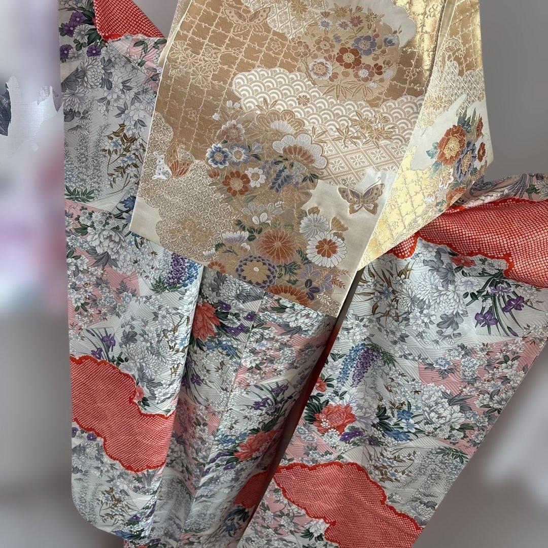 未使用に近い　正絹振袖フルセット　華やかな花柄　新品袋帯　オレンジ　成人式に