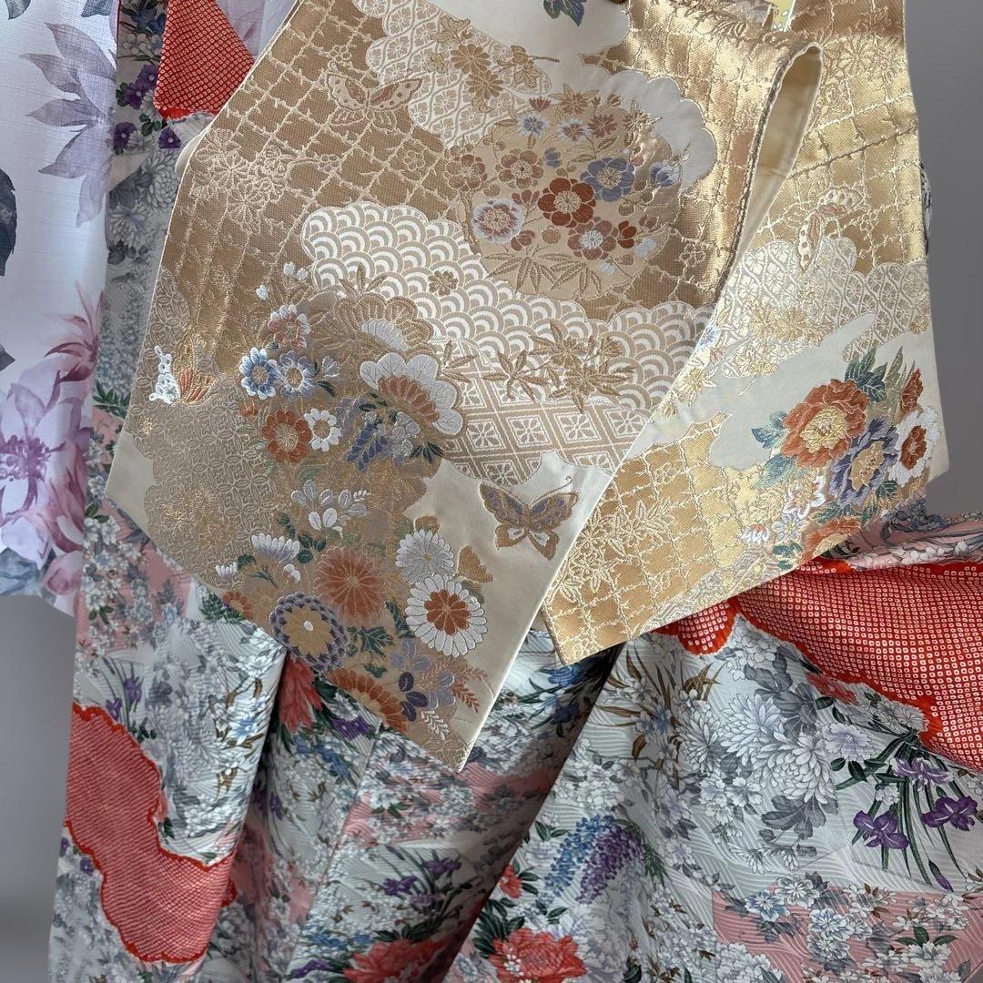 未使用に近い　正絹振袖フルセット　華やかな花柄　新品袋帯　オレンジ　成人式に