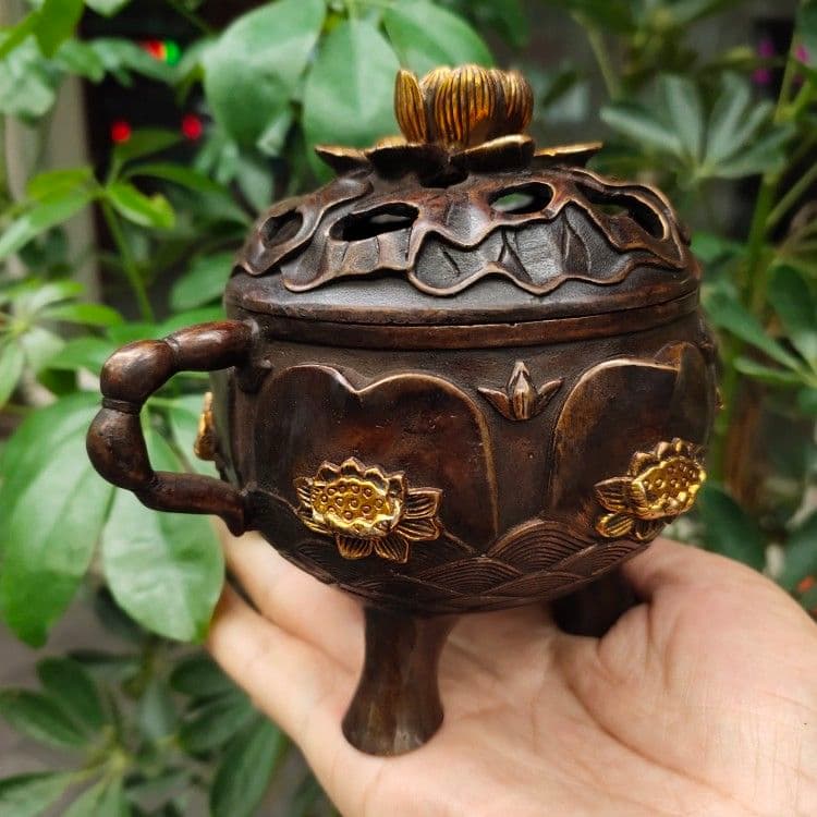 三本足の耳蓮華薫香炉 銅製 工芸品 美術品 置物
