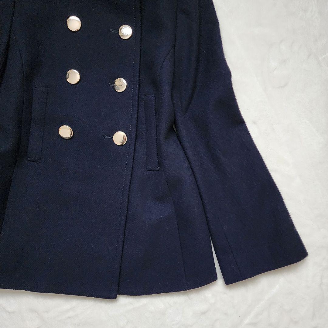 ICB 高級 カシミヤ コート ダブルブレスト 金ボタン フード Aライン 濃紺