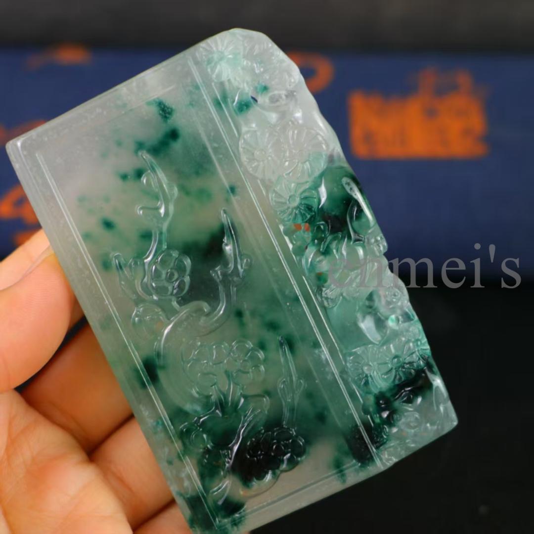 天然高氷種翡翠 山水図彫刻アート 長方形牌 縁起 中国美術品 贈答・収蔵・観賞用