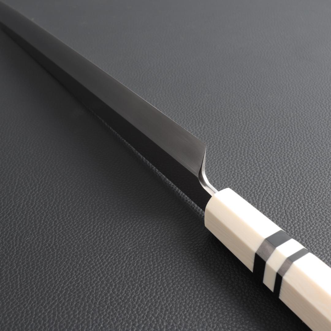 9776 柳刃包丁 尺寸 刃渡り300mm 刺身包丁 人工象牙黒三本巻八角柄