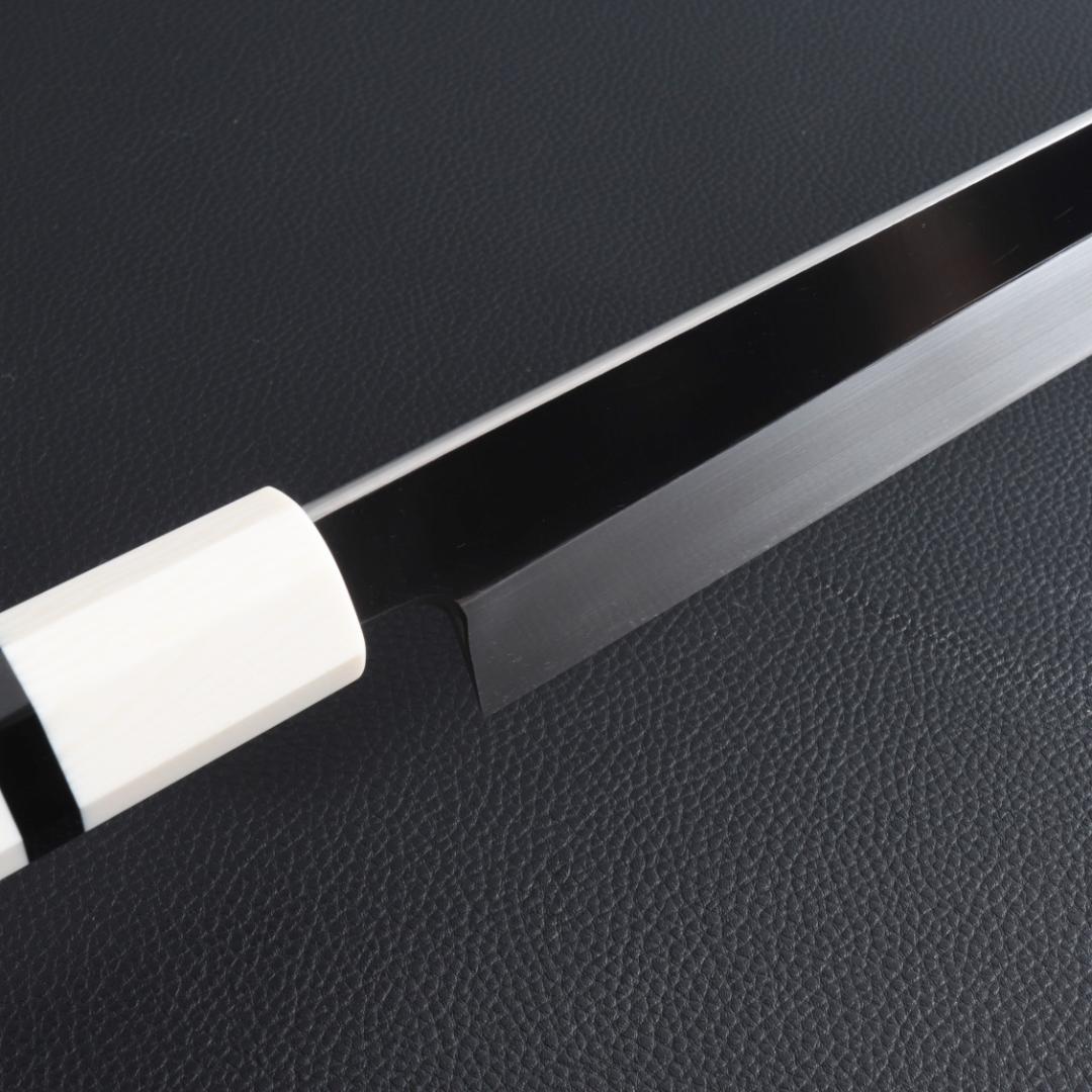 9776 柳刃包丁 尺寸 刃渡り300mm 刺身包丁 人工象牙黒三本巻八角柄