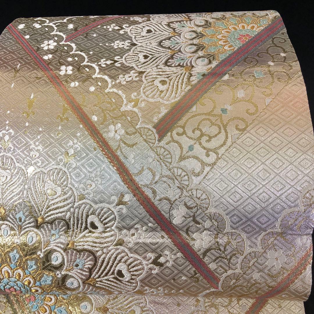 SO-754 袋帯 六通 正絹 華 菱 孔雀羽 幾何学模様 金銀糸 フォーマル