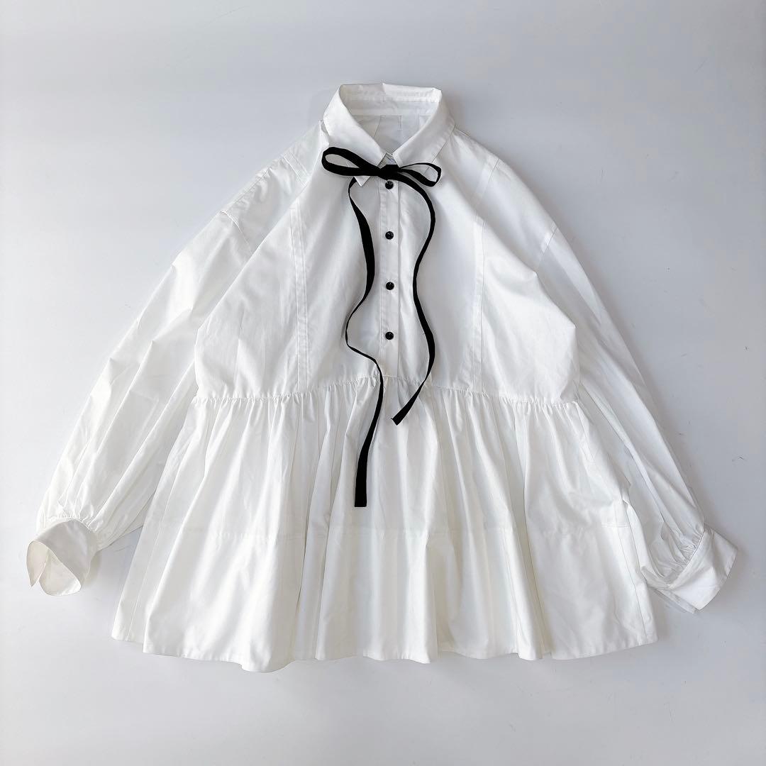 美品⁑CADUNE カデュネ　ボウ付きシャツチュニック　ホワイトブラック　洗える