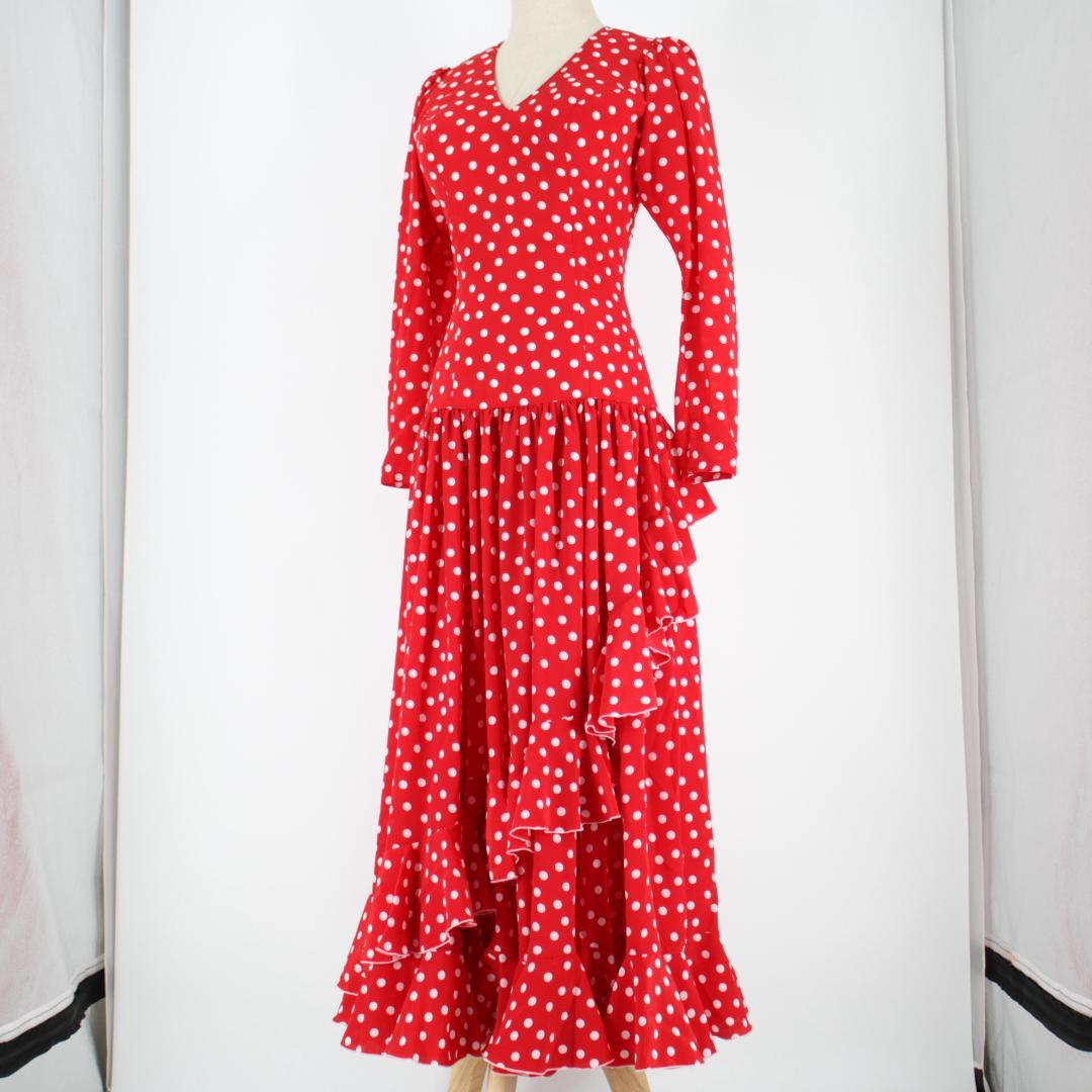 【美品 フラメンコ衣装】レッド×ドット柄 ワンピース ドレス ボランテ フリル