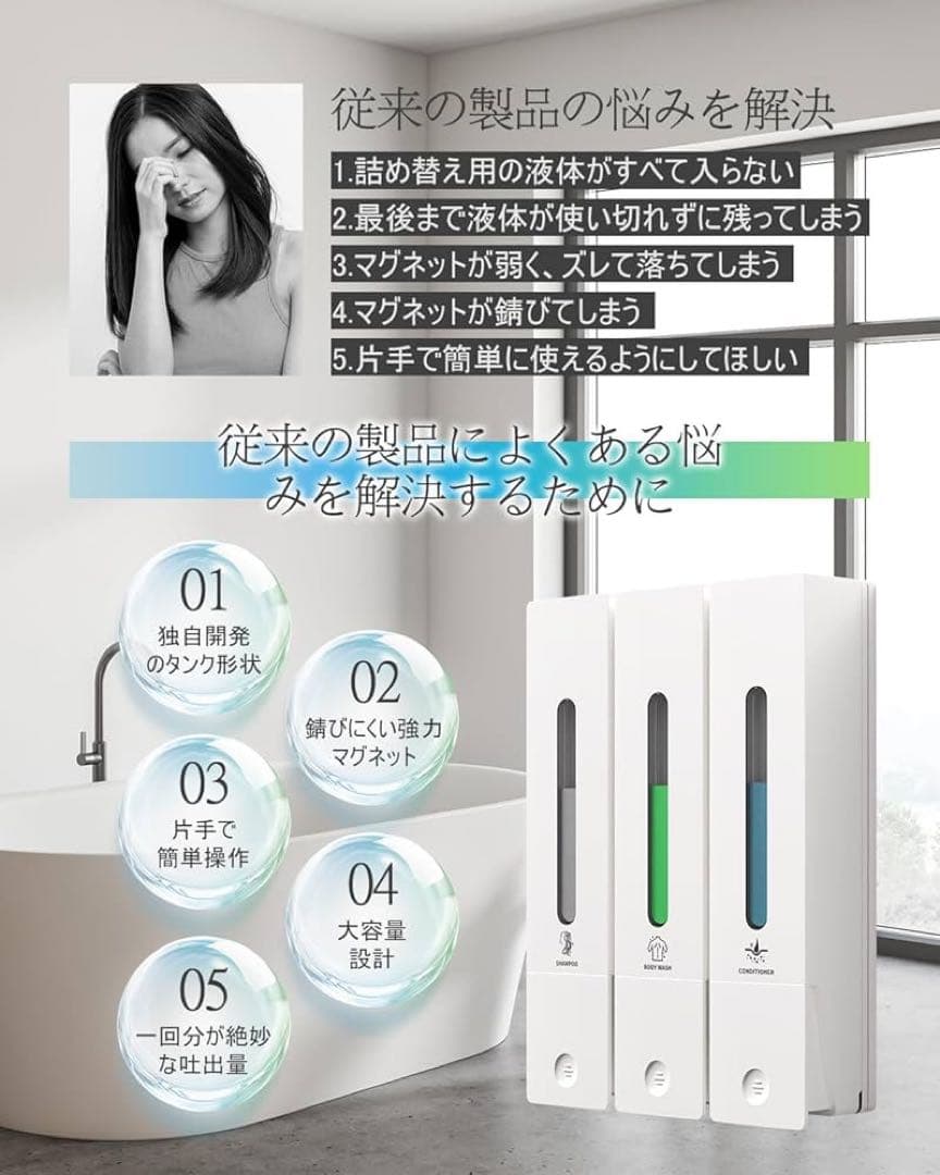 ❣️未使用❣️シャンプーボトル3個壁掛けタイプ各400ML ホワイト