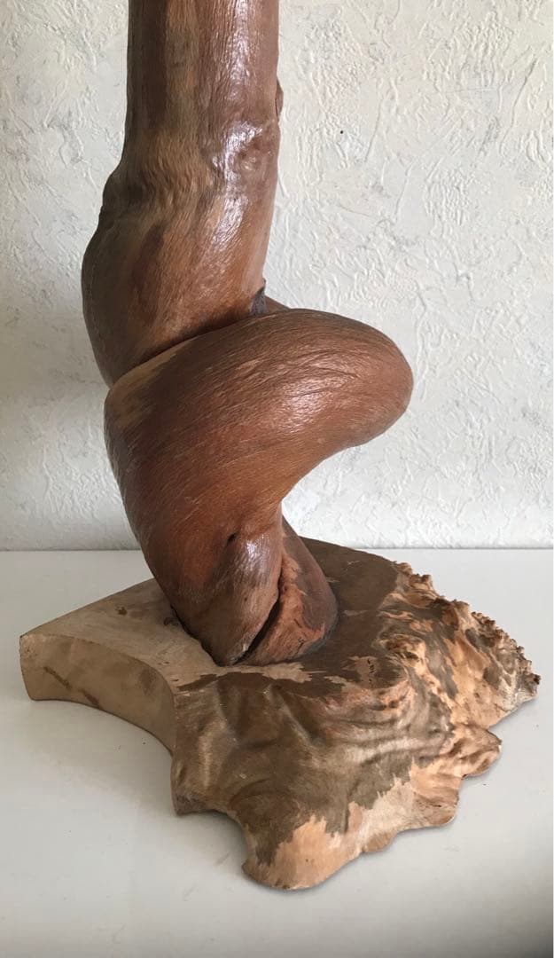 骨董品　天然木台付きくりぬき花瓶　木製抽象花器 高さ約30cm