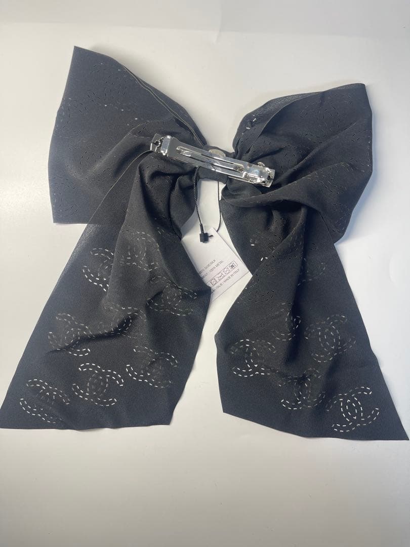 CHANEL23Bココステッチ総柄シフォンリボン付バレッタ