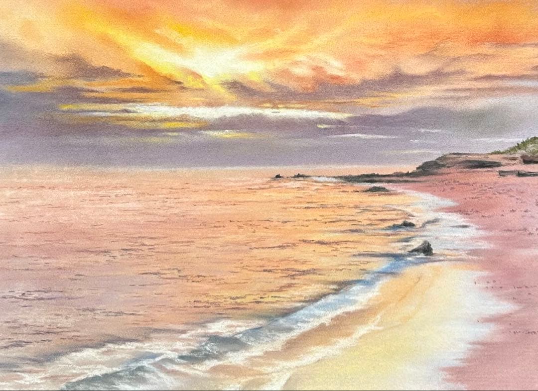 夕陽に輝く海 パステル画 原画