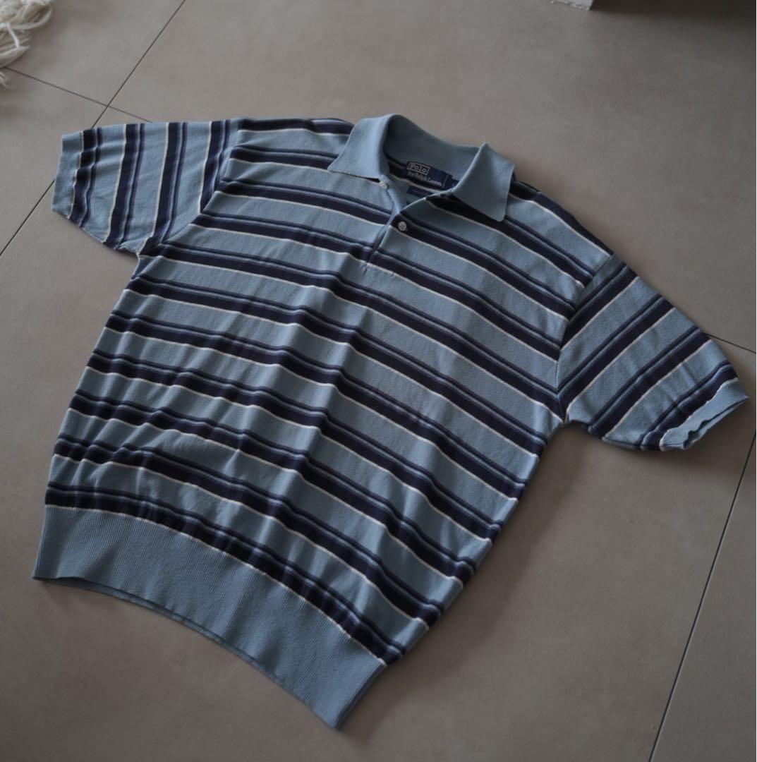 90s ラルフローレン マルチボーダーニットポロシャツ L サックスブルー