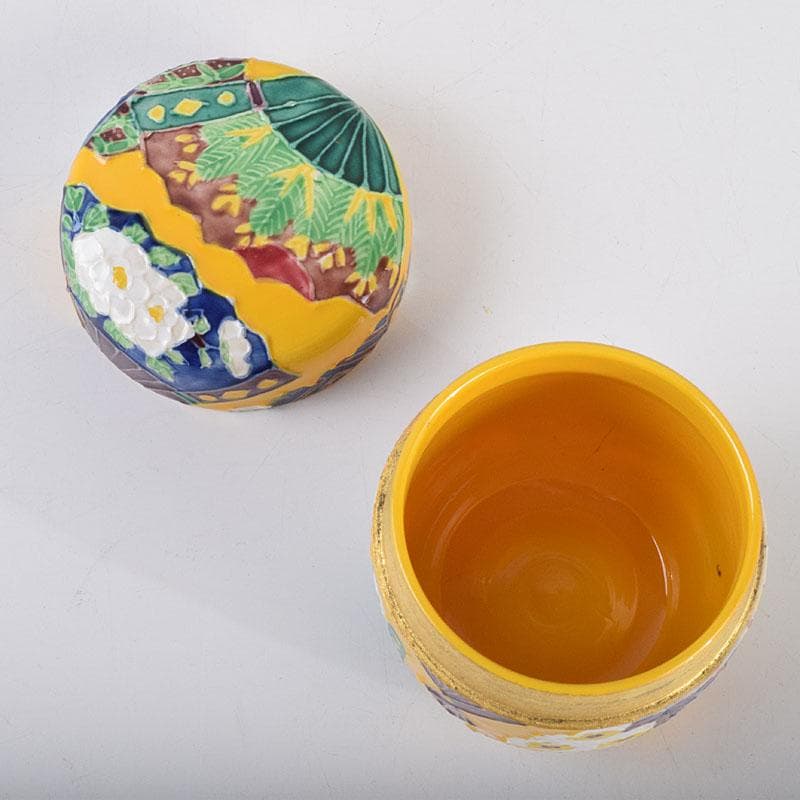 茶道具　平安　高野昭阿弥作　黄交趾　扇面の図　陶棗　共布共箱　V　8645