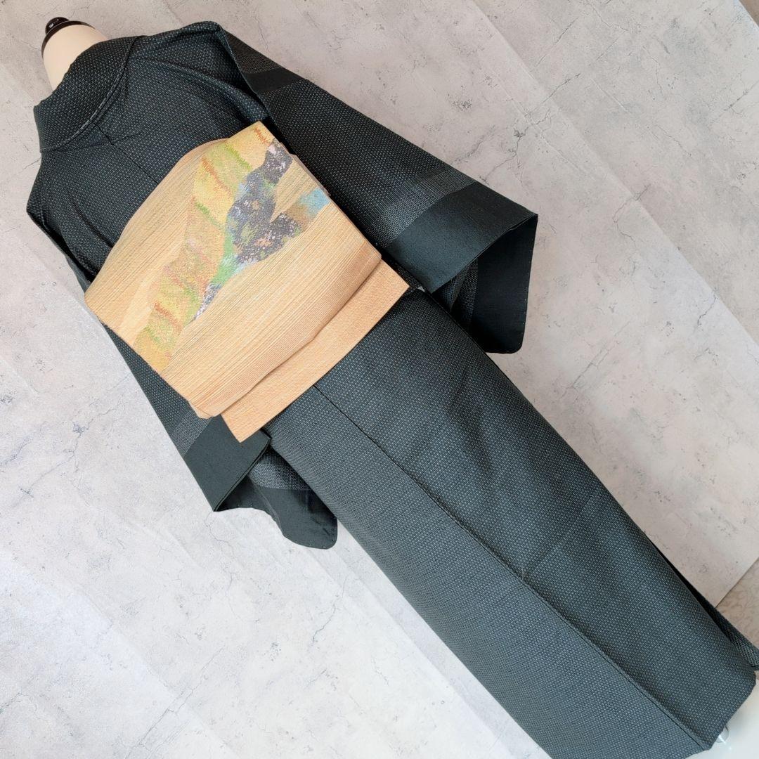 単衣　紬　着物　小紋　フルセット　正絹　深緑　F5