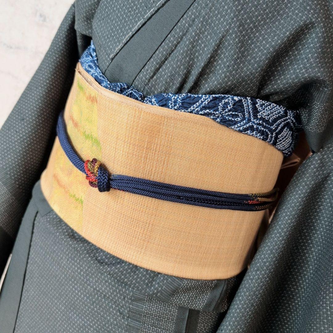 単衣　紬　着物　小紋　フルセット　正絹　深緑　F5