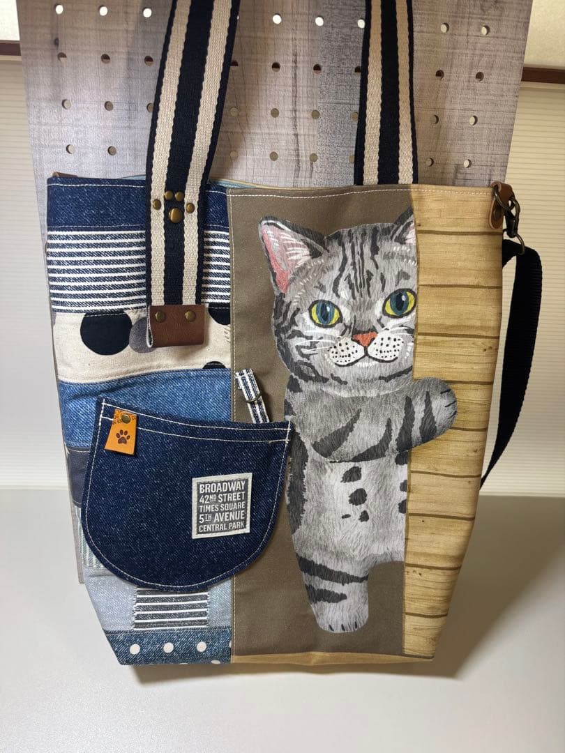 I*様 ひょっこり猫ちゃんのデニム風パッチワーク★トートバッグ＆キーケース　サコ