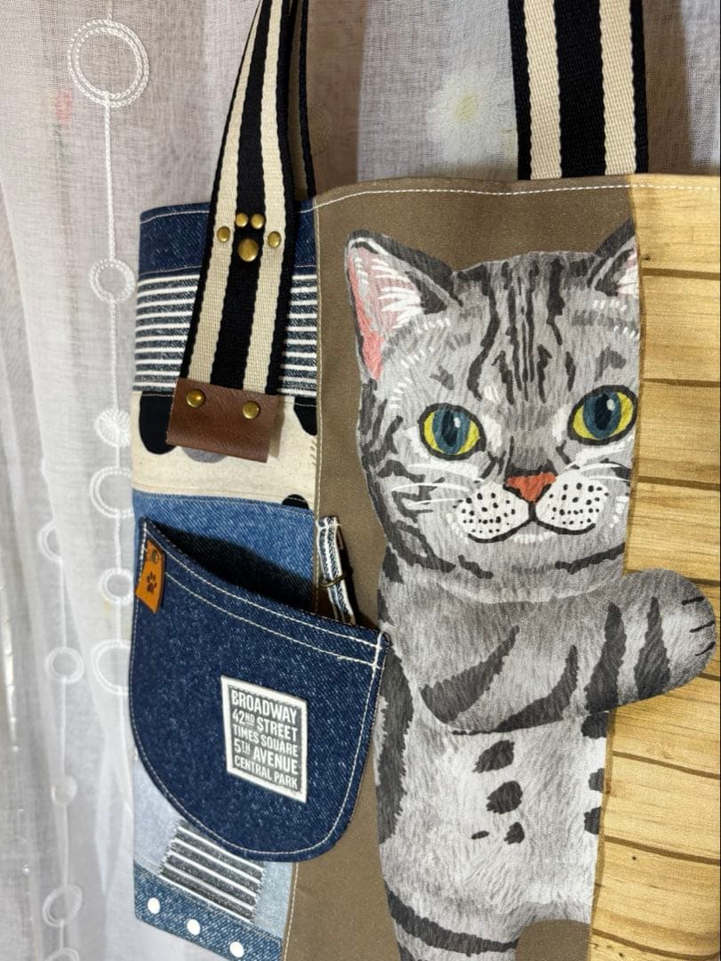 I*様 ひょっこり猫ちゃんのデニム風パッチワーク★トートバッグ＆キーケース　サコ