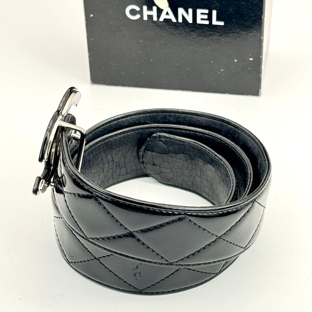 CHANEL ブラック　ココマーク　ベルト　マトラッセ　　パテントレザー　保存箱