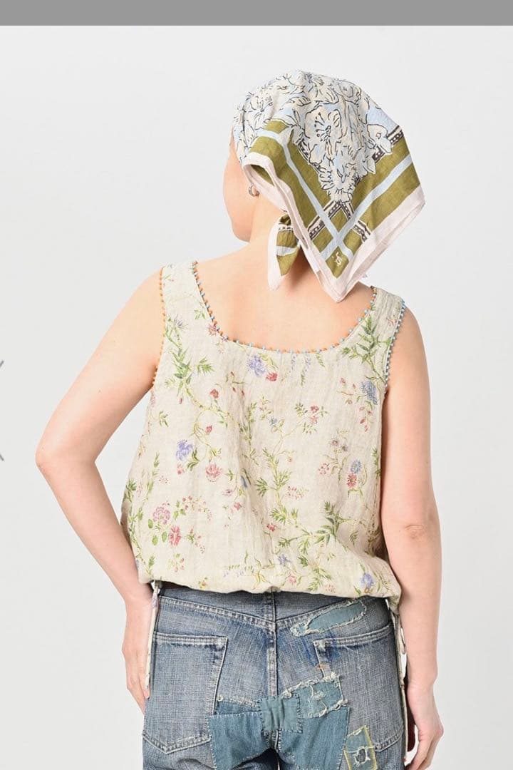 ４５R インド綿麻ダンガリー二重織フラワープリントのぽよんキャミソール