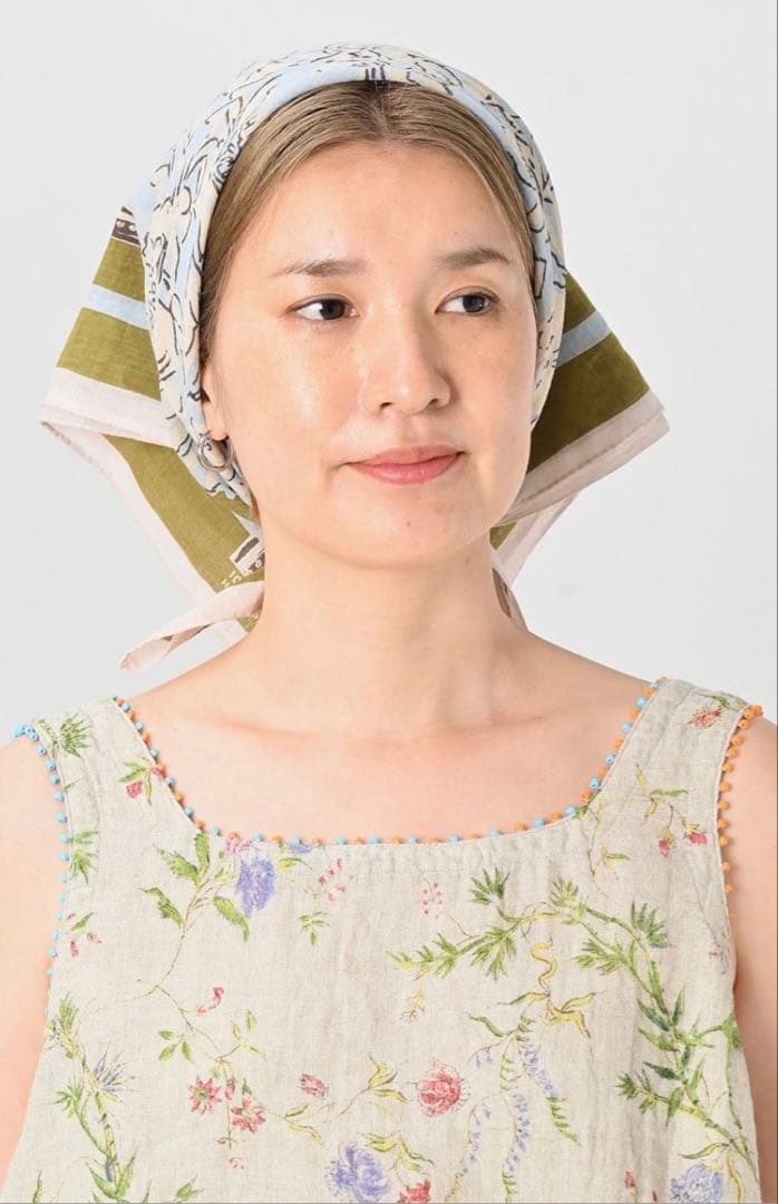 ４５R インド綿麻ダンガリー二重織フラワープリントのぽよんキャミソール