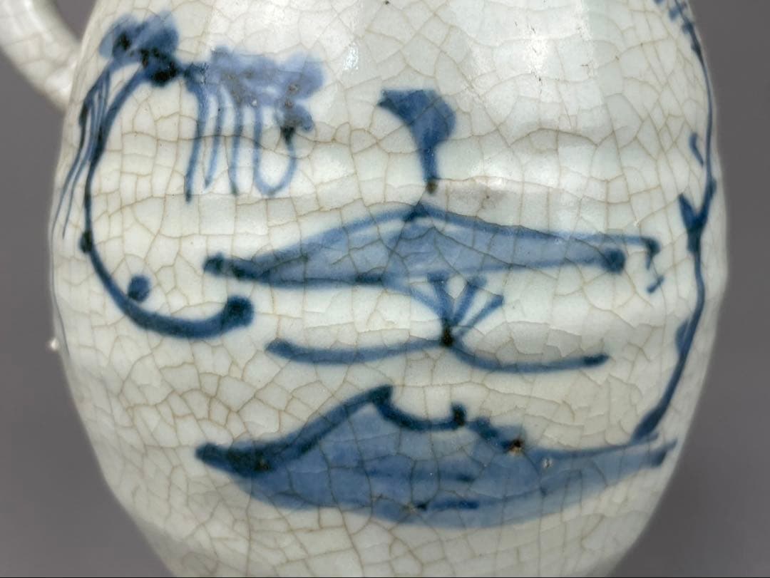 李朝 油注瓶 水注 朝鮮陶磁器 白磁 染付 蔓草文様 古染付 時代物 朝鮮陶器