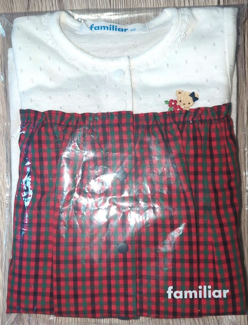 familiar 赤 チェック柄カバーオール 60cm ★ロンパース　春夏〜秋