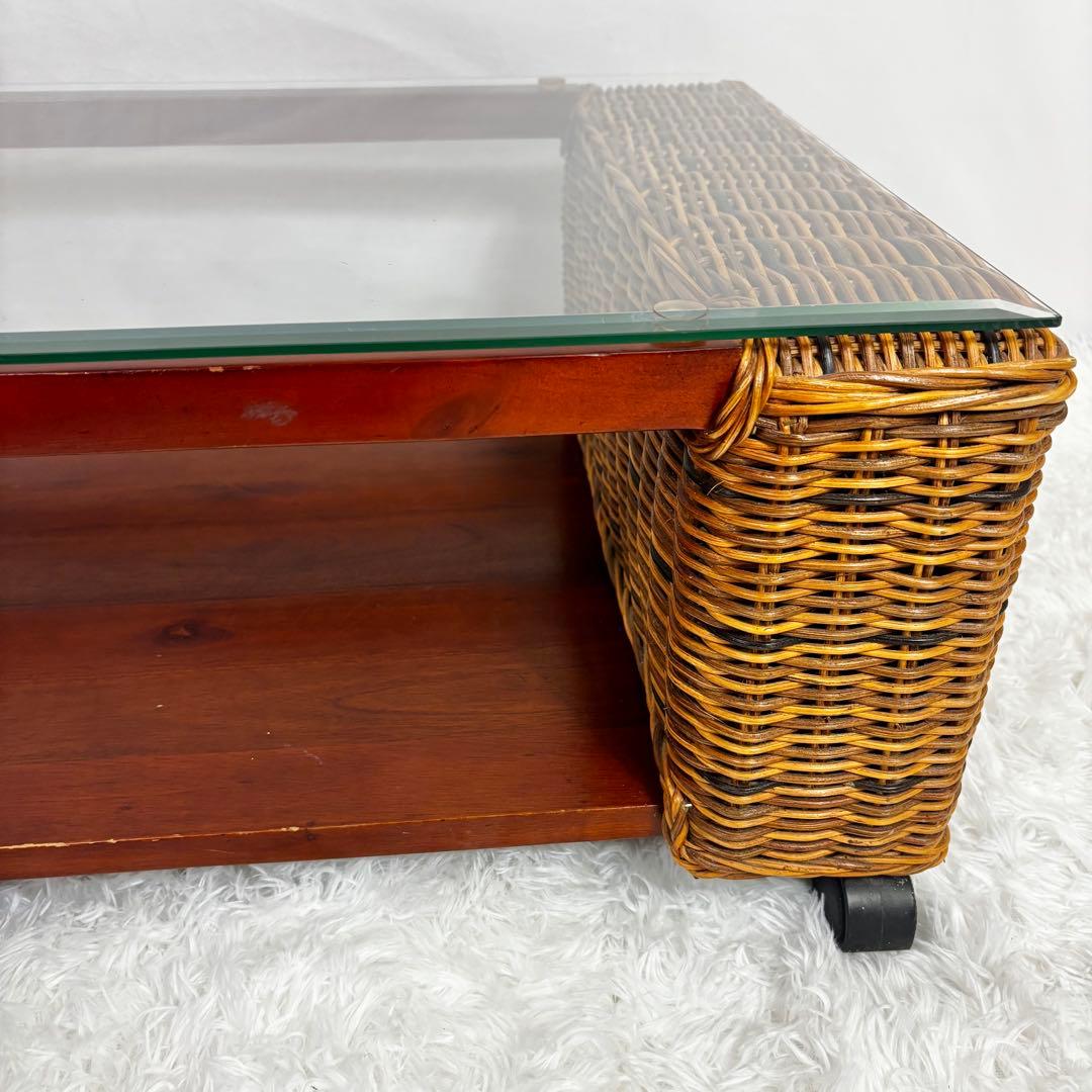 ニッセン レトロ エスニック ラタンテーブル ガラス天板 座卓 センターテーブル