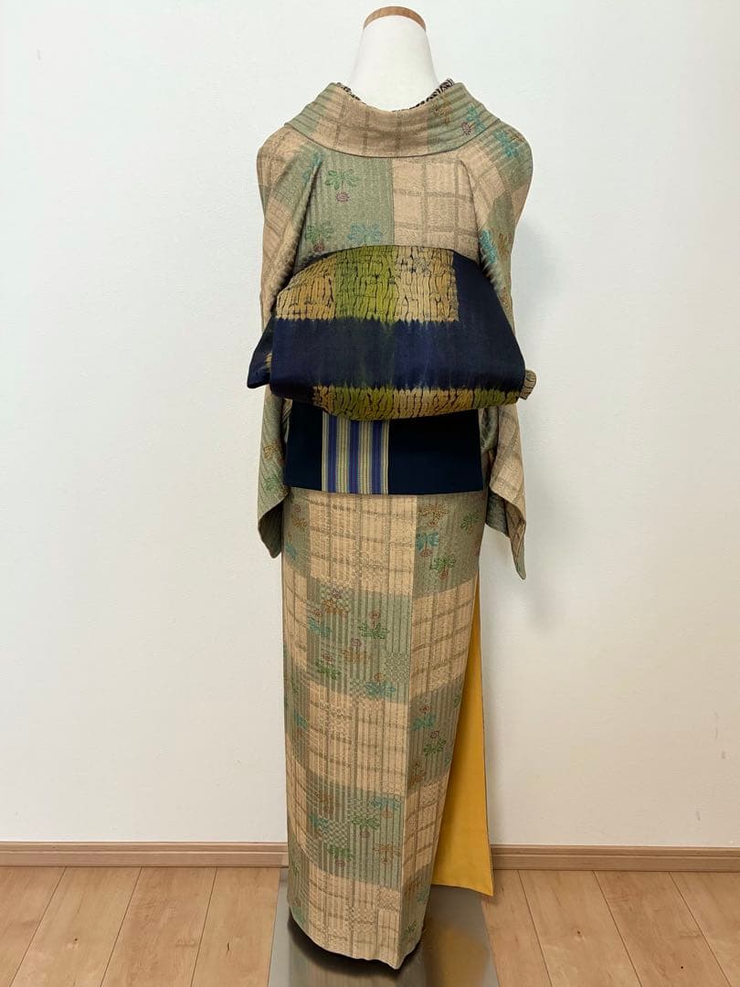 セット　小紋たんぽぽと格子の市松＋洒落袋　板締め絞り＋裄直し