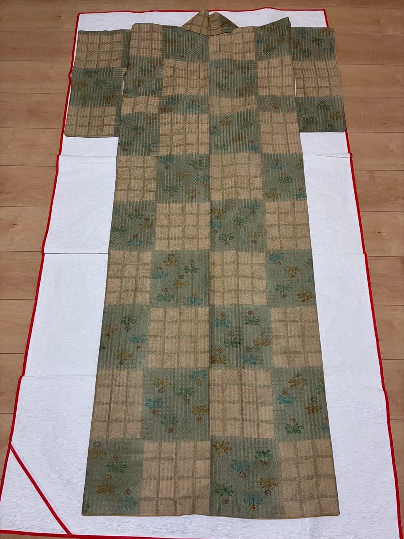 セット　小紋たんぽぽと格子の市松＋洒落袋　板締め絞り＋裄直し