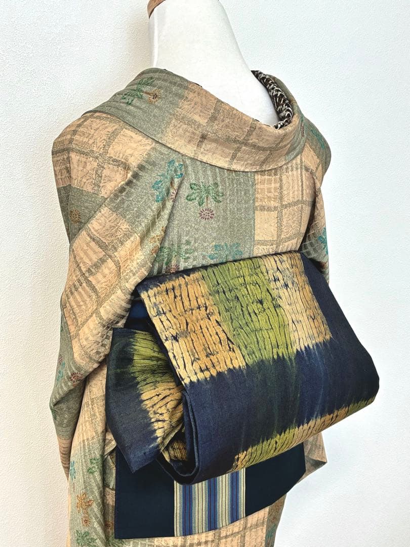 セット　小紋たんぽぽと格子の市松＋洒落袋　板締め絞り＋裄直し