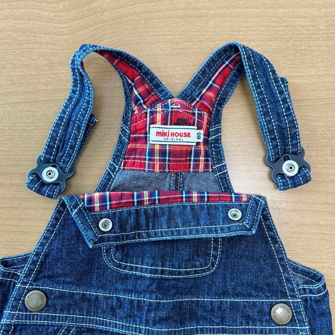 [未使用品]3/26まで値下げ中　ミキハウス デニムオーバーオール七分丈(80)