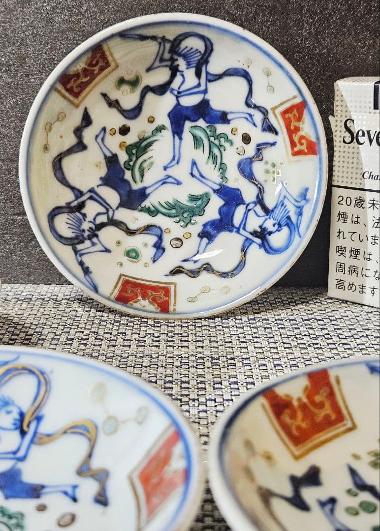 明治時代初期　古伊万里　染錦　狩猟の図　波文様　小皿　豆皿　手塩皿　5客