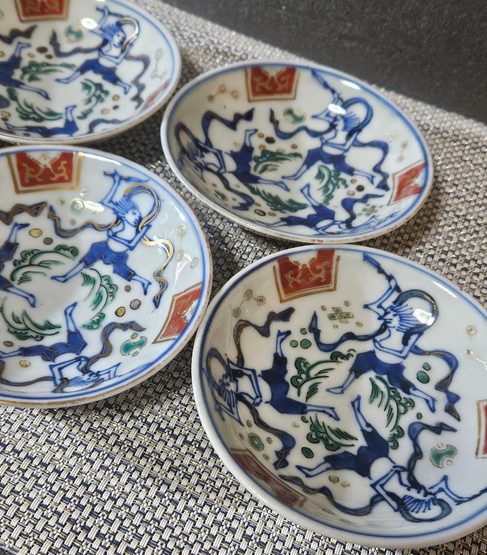 明治時代初期　古伊万里　染錦　狩猟の図　波文様　小皿　豆皿　手塩皿　5客