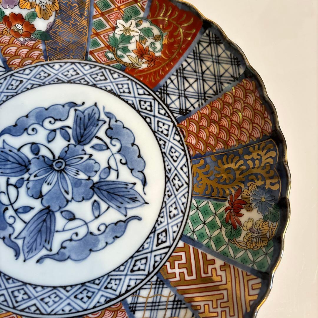 龍峯窯 祥瑞花丸紋 金彩古伊万里 菊割 輪花 中皿 大皿(22㎝)4枚