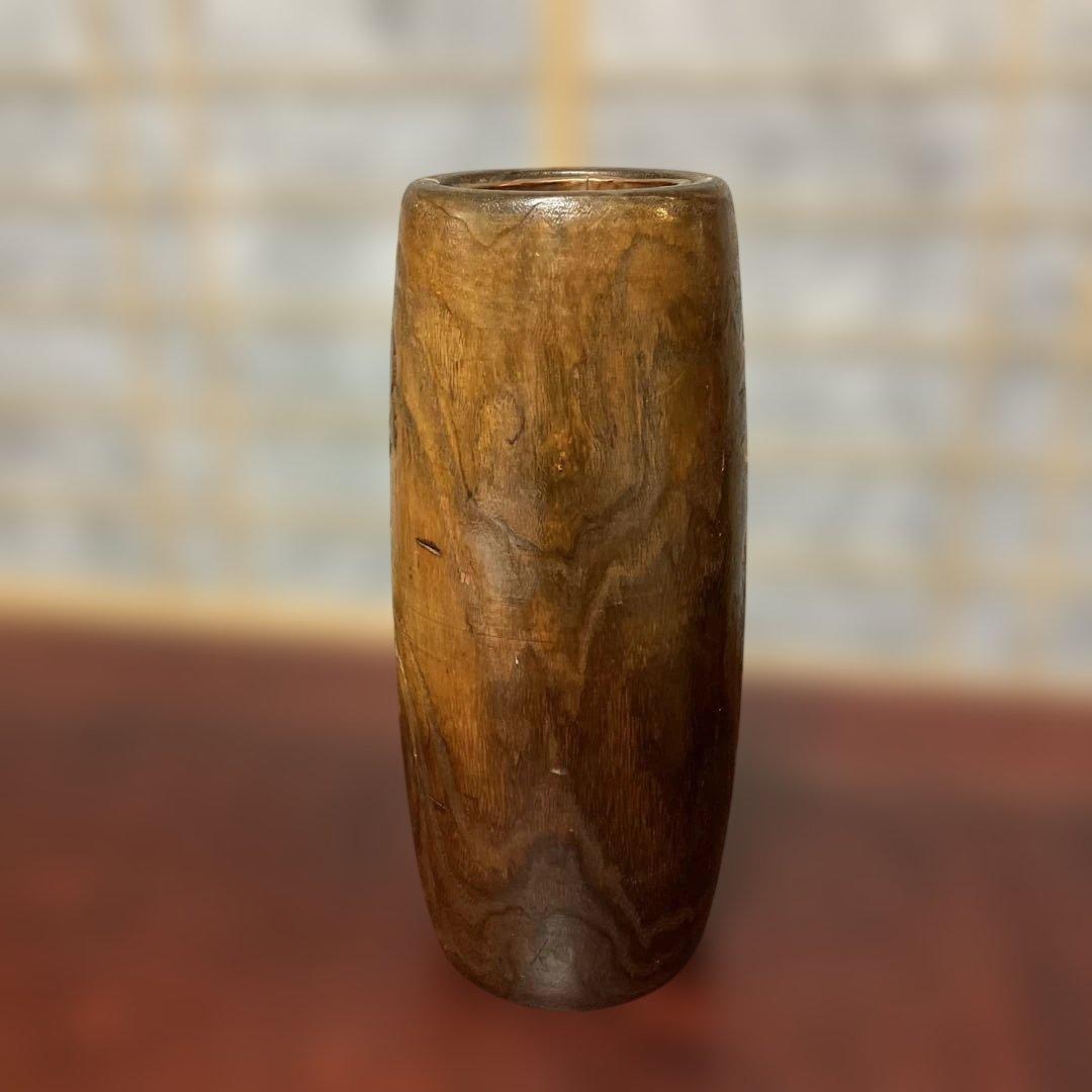 ￼ヴィンテージ　木製　華やかな￼手彫り　鳥＆葉デザイン　花瓶　インサート銅製