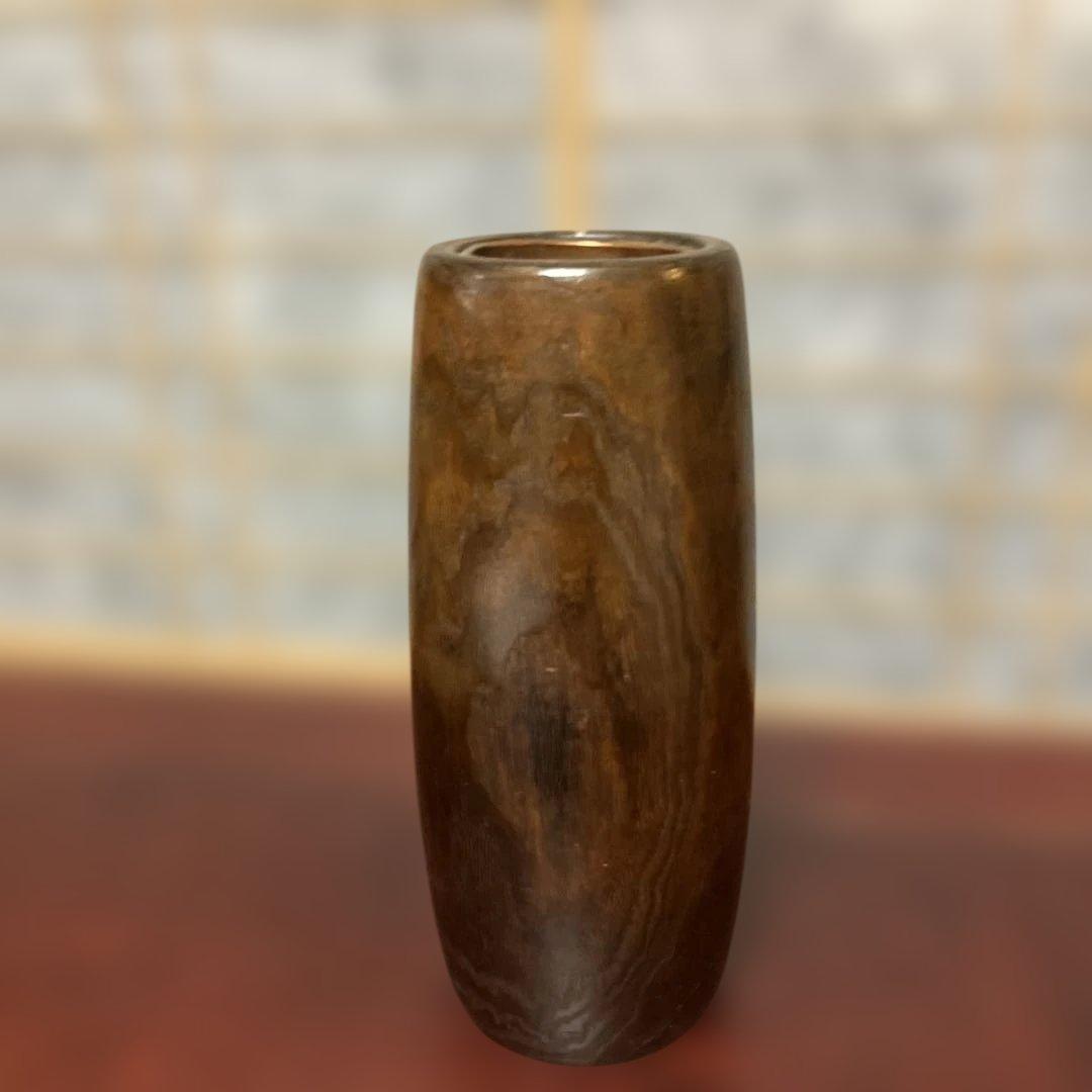 ￼ヴィンテージ　木製　華やかな￼手彫り　鳥＆葉デザイン　花瓶　インサート銅製