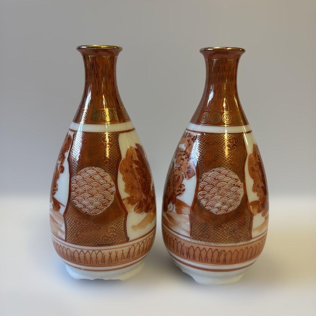 明治九谷 九谷焼 庄三様式 赤絵金彩 人物山水図 徳利 一対【2本】高さ14cm