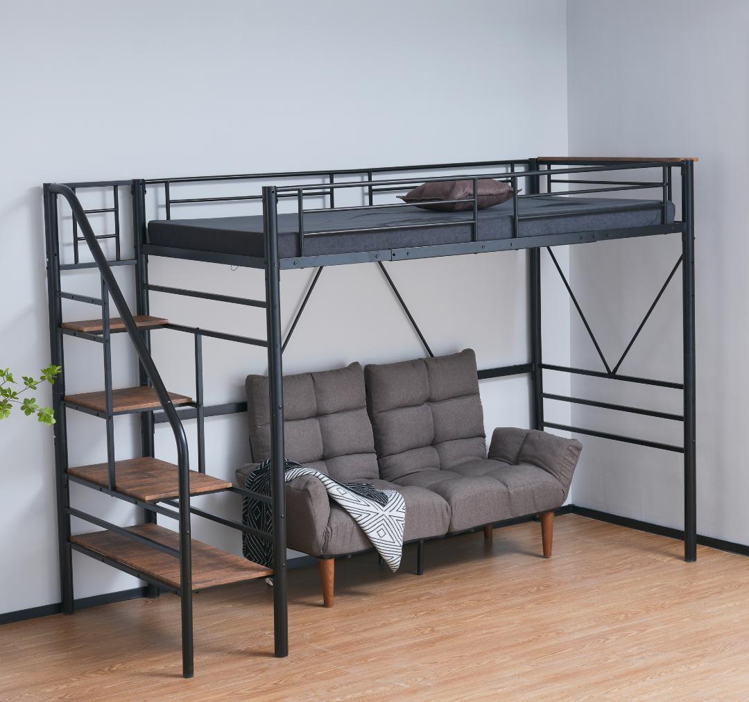 【10cm厚さグレーマットレス付き】ロフトベッド 階段付き S パイプベッド