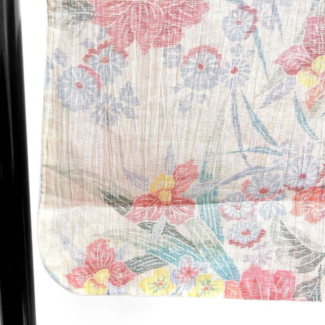 小紋　小千谷ちぢみ　麻　花模様　菊　牡丹　オフホワイト　着物　074a d