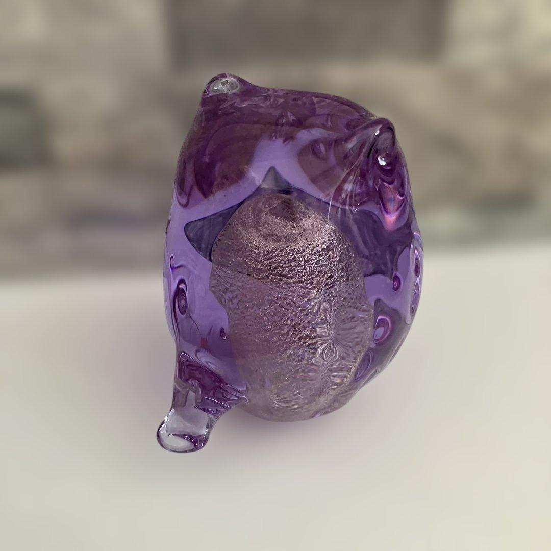 津軽びいどろ　梟　フクロウ　紫苑　パープル　鳥　ガラス置物　クリスタル　オブジェ