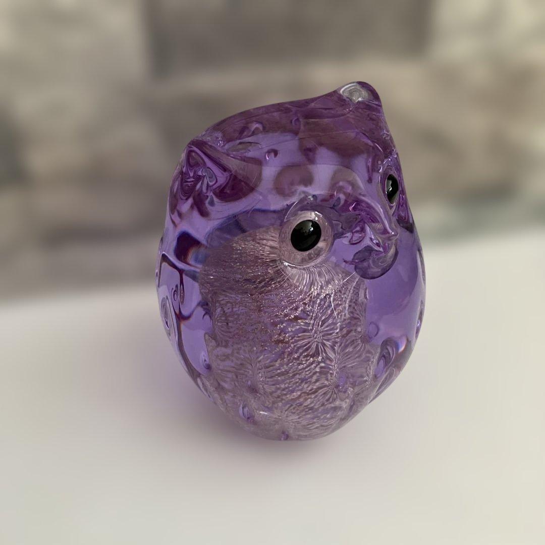 津軽びいどろ　梟　フクロウ　紫苑　パープル　鳥　ガラス置物　クリスタル　オブジェ