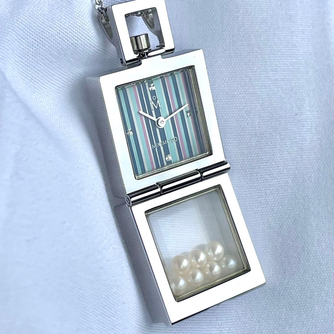 39 ミキモト 7Pパール マルチカラー ストライプ ペンダントウォッチ 稼働品