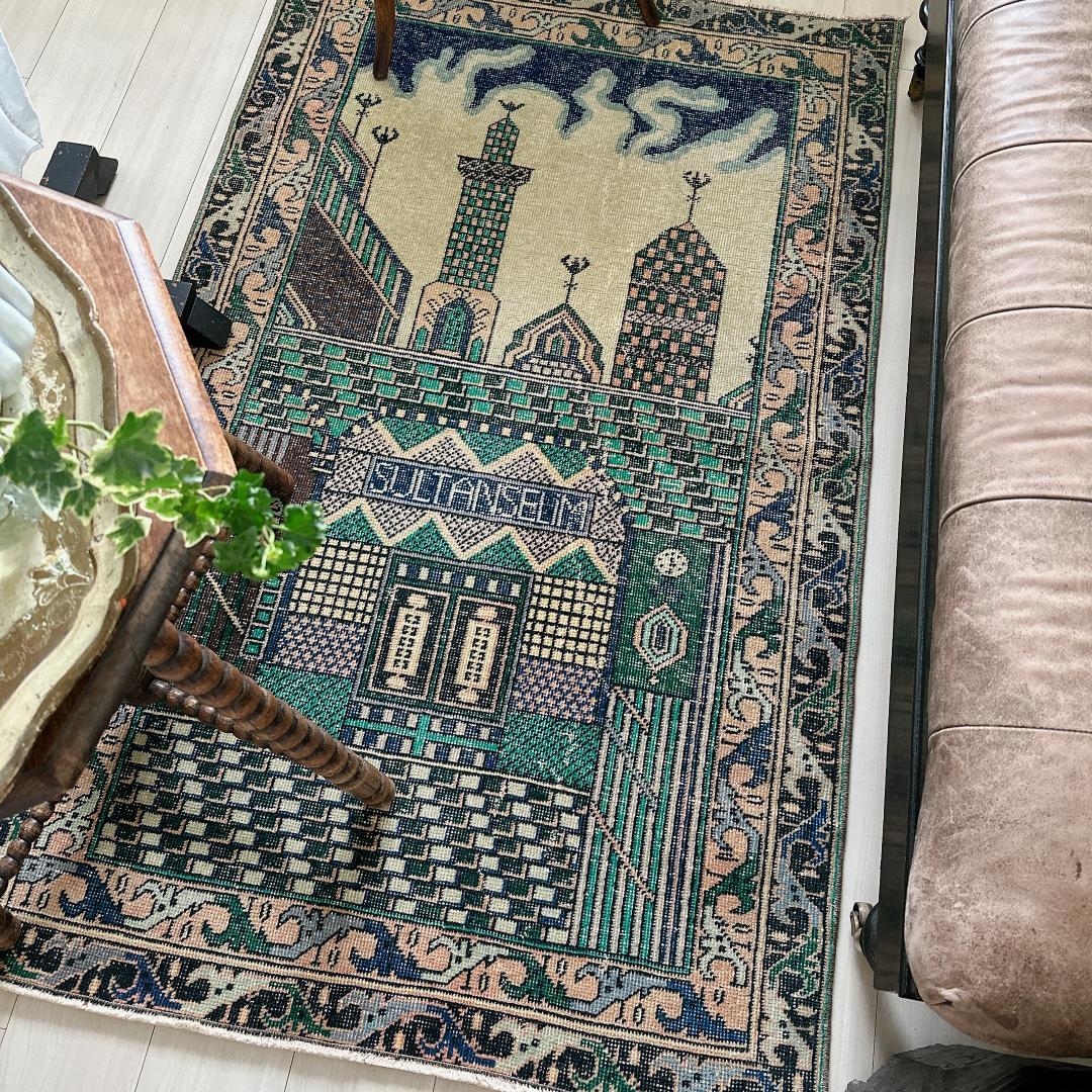 トルコ ヴィンテージラグ A1 レア イエロー グリーン ネイビー ピンク