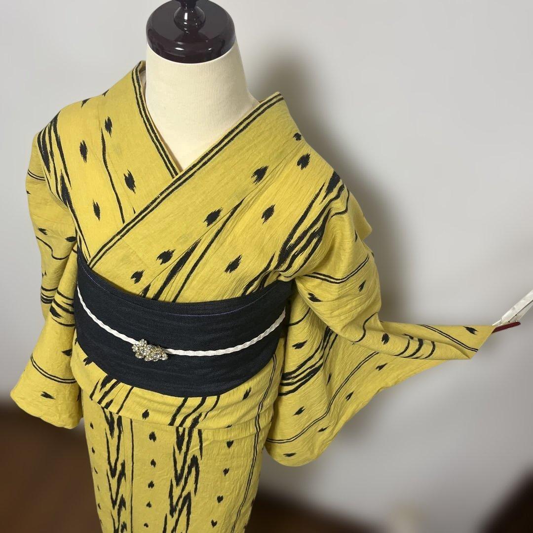 a-09 辛子色　からし色　イエロー　黒　浴衣　綿麻　　裄71 裄長め